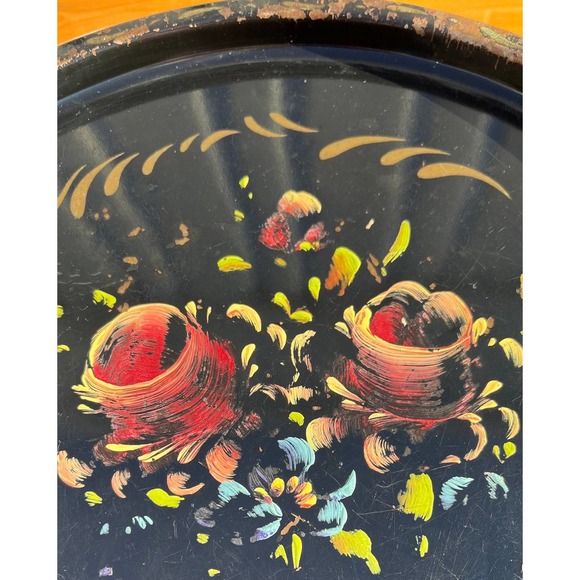 Round Black Gold Floral Hand-Painted Toleware Tray Serving Platter Wall Art - Picture 9 of 10